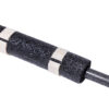 A close-up of a black foam pipe insulation tube secured with two SPEEDWRAP® High Temp Cinch Straps, wrapped around a metal pipe on a white background.
