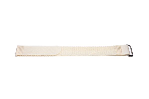 A SPEEDWRAP® High Temp Cinch Strap in beige fabric with a hook-and-loop fastener and metal buckle, displayed flat on a white background.
