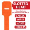 ORANGE - Slotted Head 3 - Speedtech International Close-up of an orange slotted cable tie with text highlighting its use for securing cables, wires, hoses, and objects. The tie features a slot for permanent attachment.