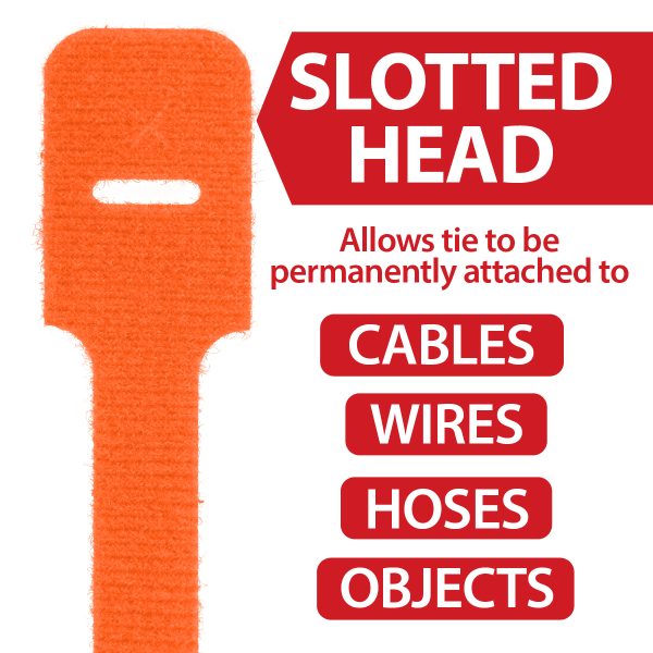 ORANGE - Slotted Head 3 - Speedtech International Close-up of an orange slotted cable tie with text highlighting its use for securing cables, wires, hoses, and objects. The tie features a slot for permanent attachment.
