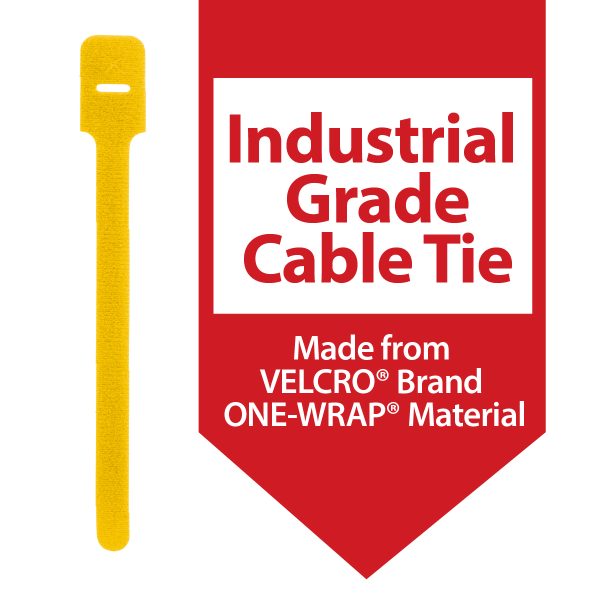YELLOW - Industrial Grade 1 - Speedtech International A yellow cable tie is shown next to a red banner reading: Industrial Grade Cable Tie. Made from VELCRO Brand ONE-WRAP Material.