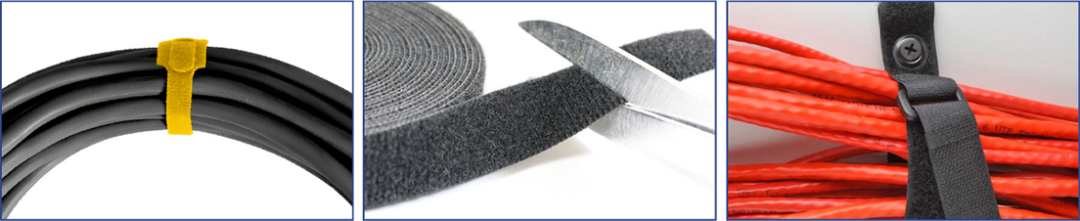 Three images: black cables tied with a yellow hook-and-loop strap, scissors cutting a roll of black hook-and-loop tape, and red cables secured with a black hook-and-loop strap.