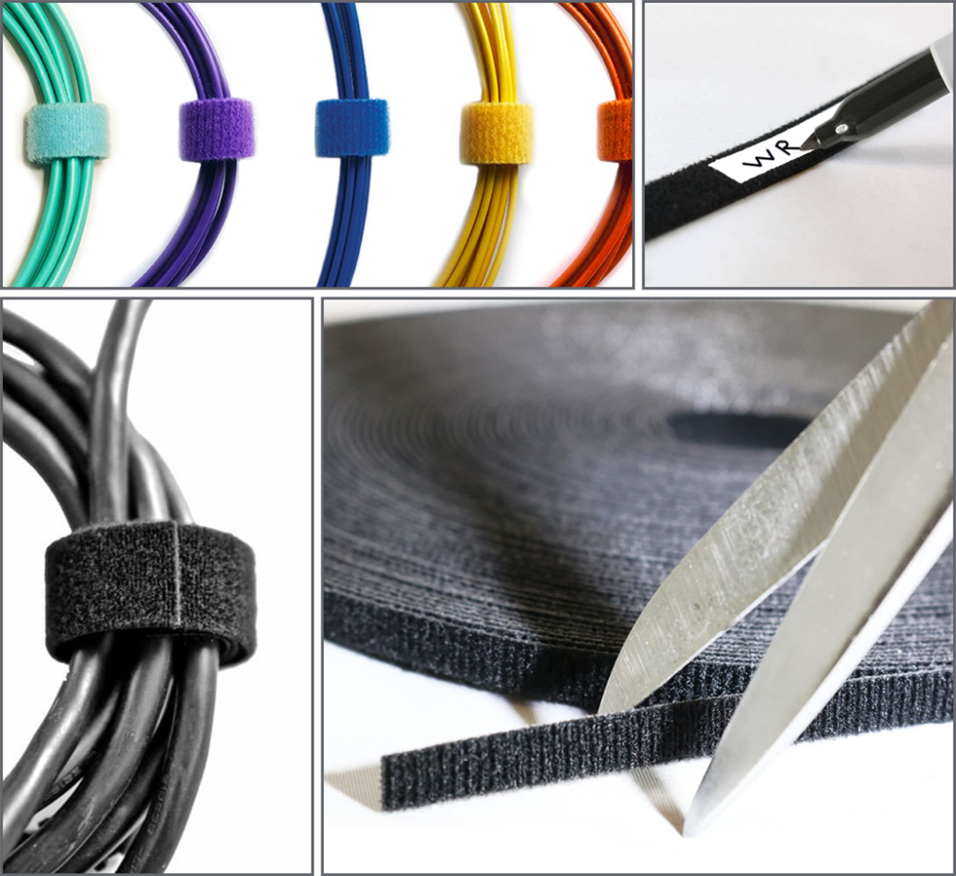 speedwrap-velcro-low-voltage-products - Speedtech International A collage showing colorful and black hook-and-loop cable ties bundling wires, a pair of scissors cutting a strip, and a cable tie labeled WR wrapped around a cord.