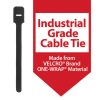 A black cable tie is shown next to a red sign that reads, Industrial Grade Cable Tie. Made from VELCRO Brand ONE-WRAP Material.