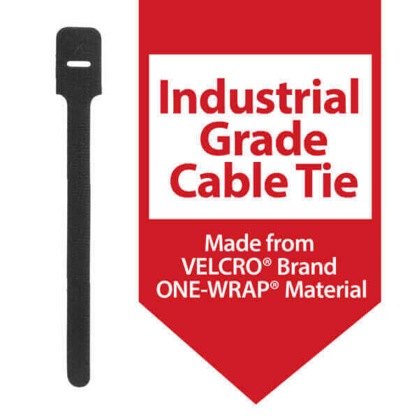 A black cable tie is shown next to a red sign that reads, Industrial Grade Cable Tie. Made from VELCRO Brand ONE-WRAP Material.