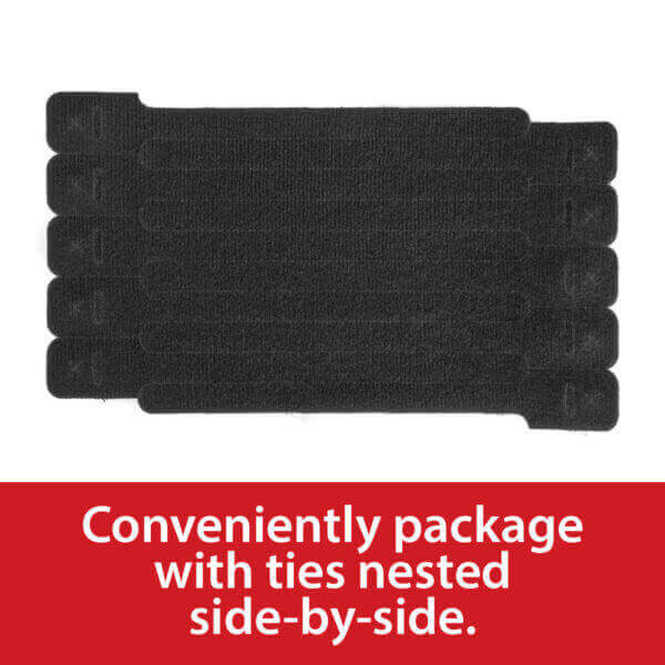 Five black cable ties are neatly stacked side-by-side on a white background. Below the ties, there is a red banner with white text that reads, “Conveniently package with ties nested side-by-side.”.