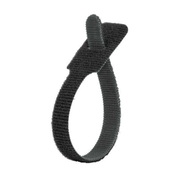 A black hook-and-loop cable tie with a slot at one end, shown looped through itself to form a secure adjustable circle.