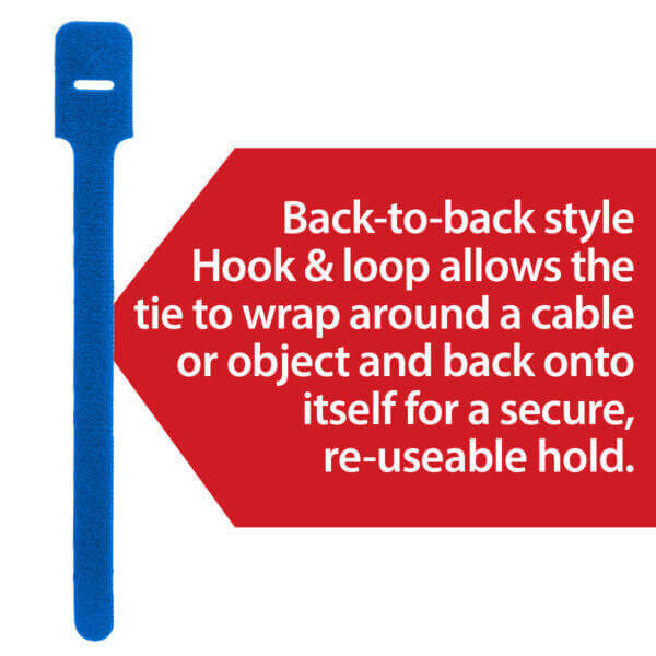 A blue hook and loop cable tie is shown next to text explaining its back-to-back design for secure, reusable use around cables or objects.