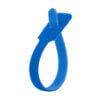 A blue plastic zip tie with a rectangular locking mechanism, forming a loop with the end inserted through the clasp.