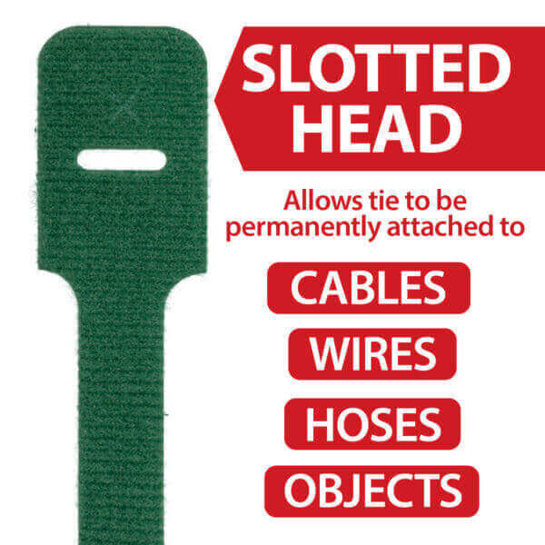 A green slotted head cable tie is shown with text highlighting its use: Slotted Head. Allows tie to be permanently attached to cables, wires, hoses, objects.