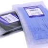 Two vacuum-sealed packs of blue and black Flowmark industrial cable ties, with product labels visible on the packaging.