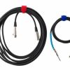 Two coiled audio cables are shown on a white background. The left cable, with a red strap, has XLR connectors. The right cable, with a blue strap, has 1/4-inch TS connectors and blue heat shrink on one end.