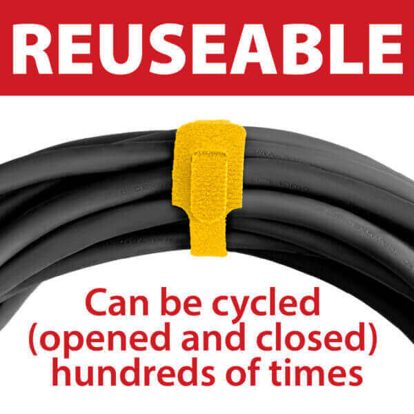 A yellow reusable cable tie secures black cables. Above, large text reads REUSEABLE. Below, text says, Can be cycled (opened and closed) hundreds of times.
