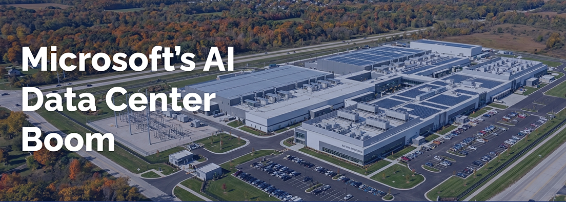 A large data center complex with multiple buildings, parking lots, and solar panels is surrounded by greenery. Text over the image reads: Microsofts AI Data Center Boom.