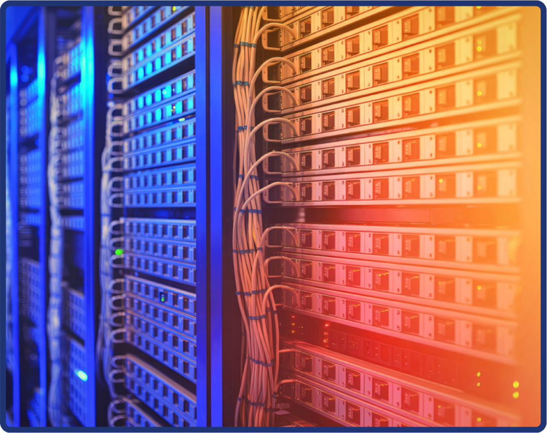 Server racks filled with multiple rows of network equipment and cables are shown in a data center, illuminated by blue and orange lighting.