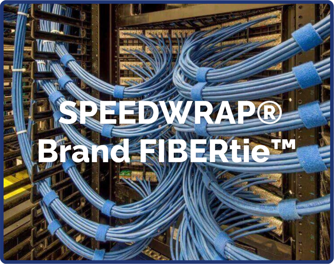 Blue network cables bundled neatly with blue hook-and-loop ties inside a server rack. Text over the image reads: SPEEDWRAP® Brand FIBERtie™.