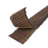 A close-up of a VELCRO® Brand HI-GARDE® Fastener strip shows its brown, rough-textured industrial material with finished black edges, partially curled upward at one end.